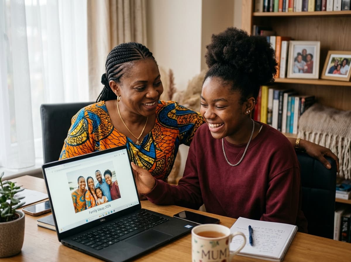 Nigerian parent and daughter at home laptop